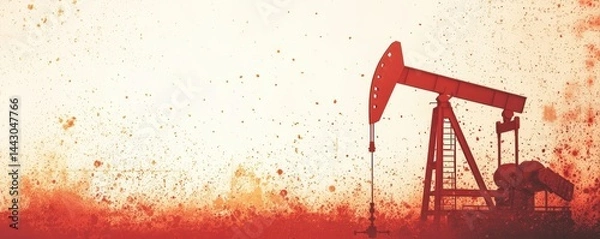 Fototapeta Silhouette of an oil pumpjack operates in a grunge, orange-hued landscape with a splattered paint texture.