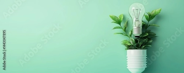 Fototapeta A light bulb filled with green leaves symbolizes eco-friendly innovation on a pastel green background.