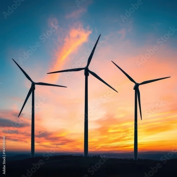 Fototapeta Three wind turbines stand tall against a vibrant sunset sky, symbolizing clean and renewable energy in nature.