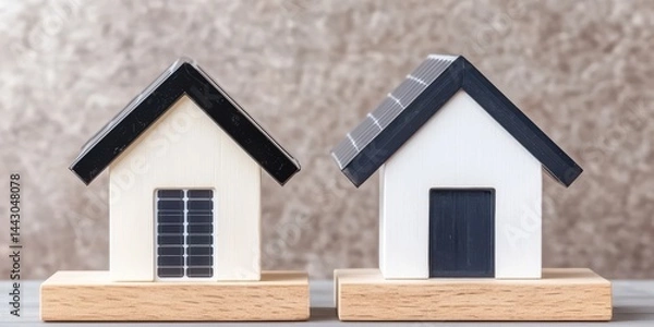 Fototapeta under 200 characters): Two small model houses with black roofs, one featuring a solar panel on the rooftop and the other with a plain design, displayed on a wooden surface.