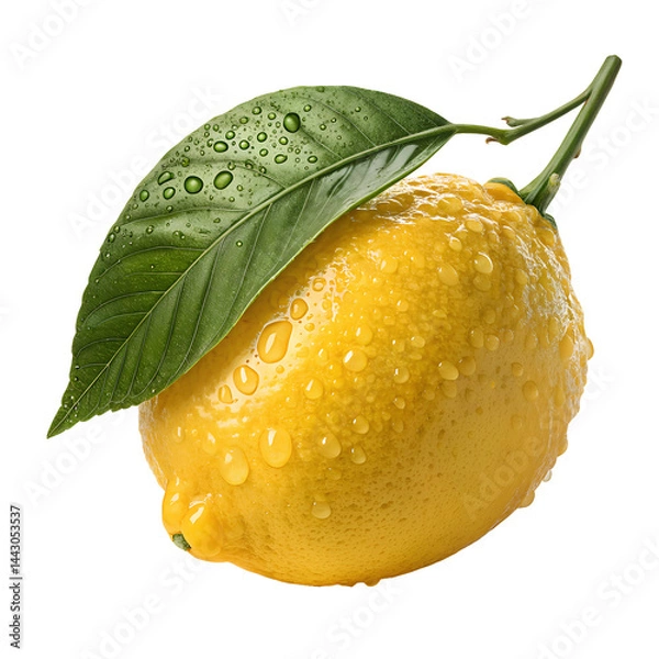 Obraz 3D Yellow Lemon Fruit with Leaf Isolated on White or Transparent Background 