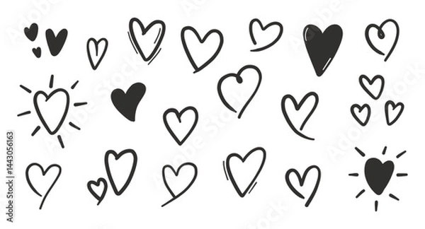 Fototapeta Hand drawn hearts set. Collection of different black hearts illustration, white background