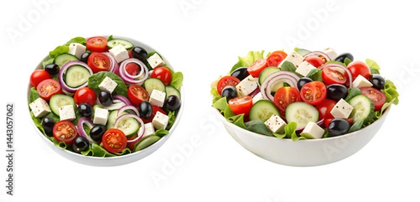 Fototapeta Fresh greek salad with feta cheese, tomatoes, cucumber, and olives on transparent background