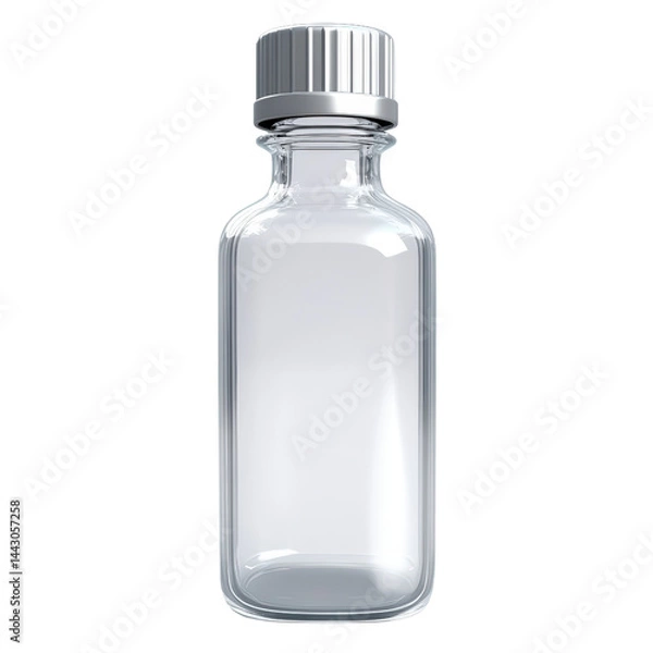 Fototapeta Clear glass medicine bottle with silver screw cap empty transparent container for pills vitamins liquids and healthcare supplies isolated on white background