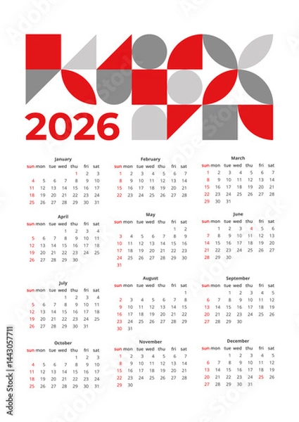 Fototapeta Modern abstract geometric calendar 2026. Minimalistic red gray wall calendar template with geometric shapes