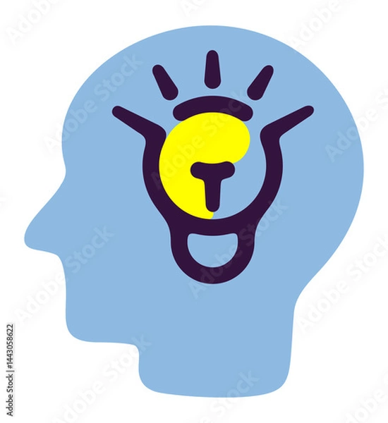 Obraz Human head with glowing light bulb, creative ideas. Innovative thoughts, groundbreaking discoveries and advanced technology, illustration
