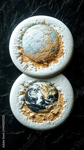 Fototapeta Two planets atop each other with golden topographic details on a dark background