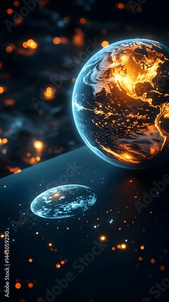 Fototapeta Two planets set against a backdrop of stars and blurred orange lights evoking a sense of cosmic beauty