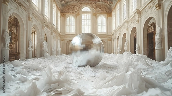 Fototapeta Ornate hall with mirrored sphere and white paper High ceiling with art