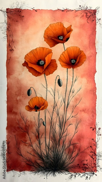 Fototapeta Vivid orange poppies in watercolor with dark stems and an abstract red wash background framed by delicate line art
