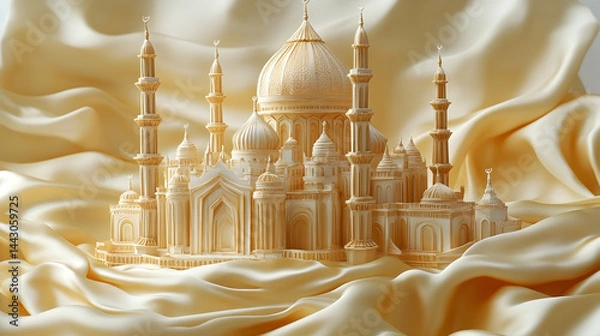 Fototapeta Ornate structure with detailed architecture domes and minarets on draped fabric