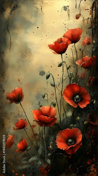 Fototapeta Watercolor painting of red poppies rendered with a vintage paper texture and warm neutral hues