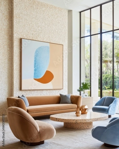 Fototapeta Cozy artistic living room, plush caramel boucle sofa, soft azure accent chairs, textured plaster feature wall, sculptural abstract artwork in blue