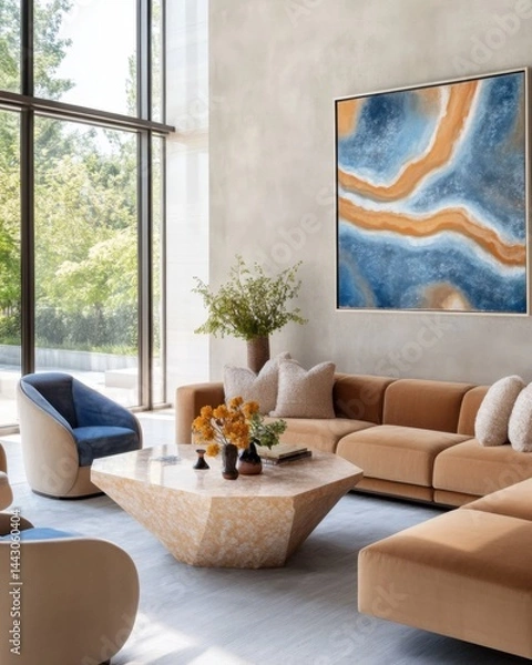 Fototapeta Cozy artistic living room, plush caramel boucle sofa, soft azure accent chairs, textured plaster feature wall, sculptural abstract artwork in blue