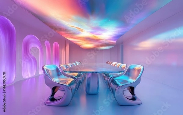 Fototapeta Extraterrestrial dining space, iridescent glass dining table with a floating effect, metallic sculptural chairs, panoramic digital sky ceiling