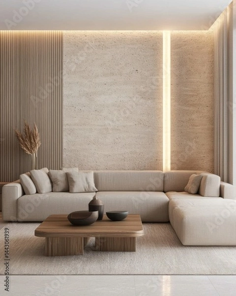 Obraz Textured minimalist living room, soft neutral boucle sectional, fluted travertine feature wall with sculptural LED light installation, floating wooden