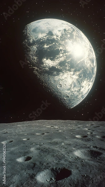 Fototapeta Lunar surface with craters shadowed and a planet shining above in the black starry cosmos
