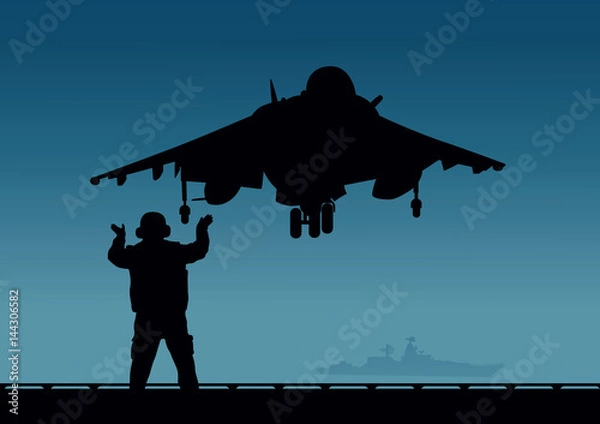 Fototapeta An aircraft carrier, a plane with vertical take-off and a deck crew.