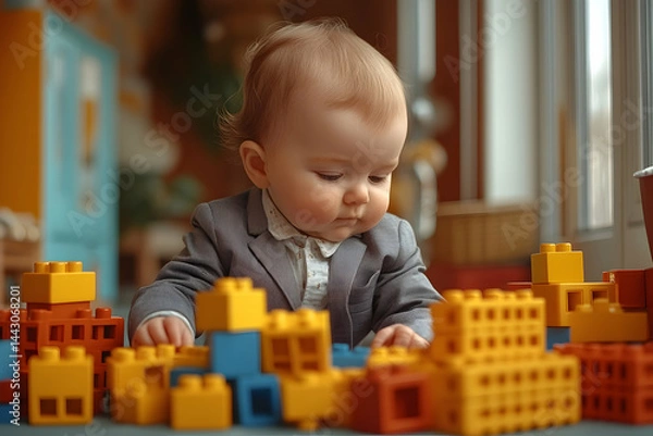Fototapeta Adorable baby in blazer concentrates playing with colorful building blocks on a table indoors