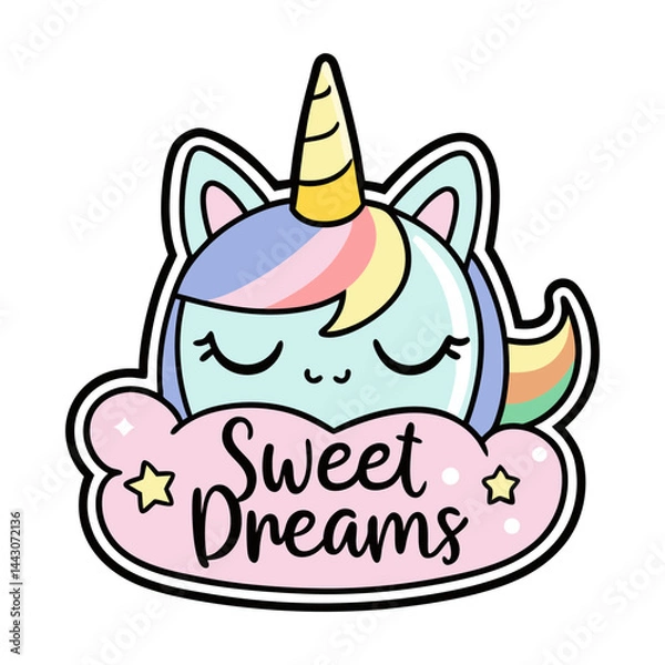 Fototapeta Colorful unicorn ear with a little crown, slogan Sweet Dreams