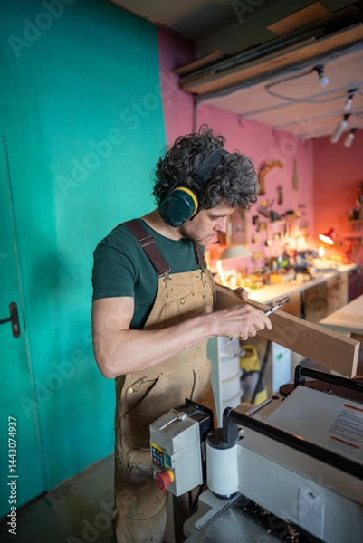 Fototapeta Carpenter wearing earmuffs uses caliper to measure thickness of block of wood before further machining on lathe. Woodworking detailed craftsmanship, safety and precision work, carpentry