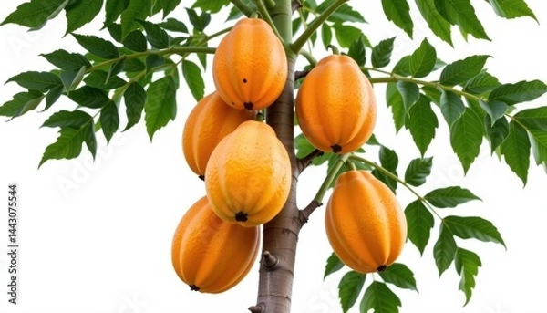 Fototapeta Create a clear and detailed isolate image of a papaya tree (Carica papaya) with a tall, straight trunk and several large, orange yellow ripe papayas attached directly to the trunk