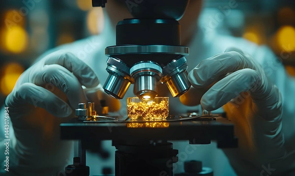 Fototapeta Scientist examines sample under microscope in lab