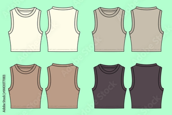 Fototapeta Women crop tank top bundle set technical drawing fashion flat sketch vector illustration template front and back views outline CAD mockup