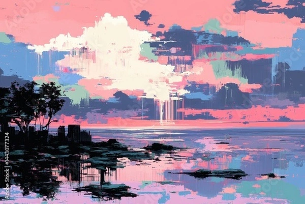 Fototapeta Abstract landscape painting of a serene coastal scene.  Pastel clouds, trees, and water