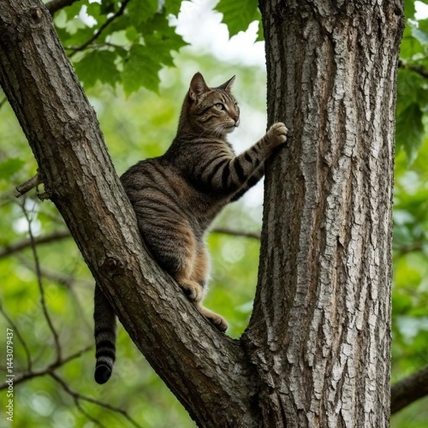 Fototapeta Tabby cat climbing a tree in a lush green forest  