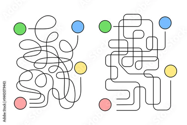 Obraz Paths of labyrinth of three routes and chaotic tangled roads, crossroads, forks in vertical format for children's puzzle, an educational game for finding way from one object to three others. Vector.