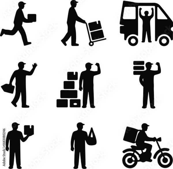 Fototapeta Delivery Man Silhouette Icons | Courier Service Vector Set Parcel Delivery Men Icons | Fast Shipping Silhouette Bundle