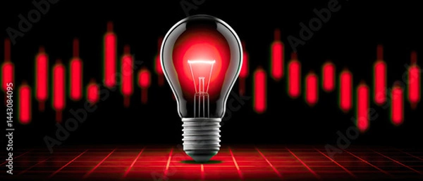 Obraz Light bulb glowing red with stock market candlestick chart in background symbolizing innovation and finance