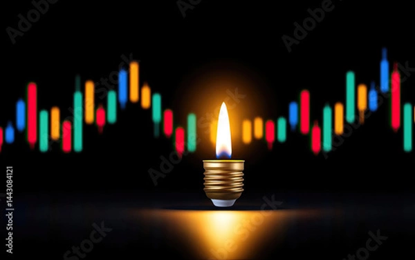 Obraz Light bulb base with flame, colorful financial chart background, concept of innovation and energy