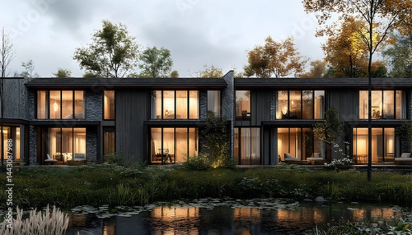 Fototapeta Modern residential buildings at dusk with illuminated windows and serene pond reflections