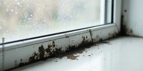 Fototapeta Close-up view of dark mold growth on a windowsill, indicating a potential moisture problem in the building requiring immediate remediation