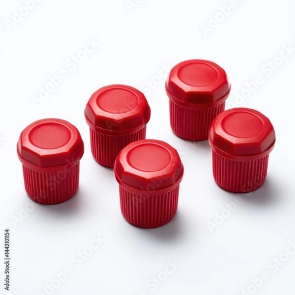 Fototapeta Five red caps arranged neatly isolated on white background