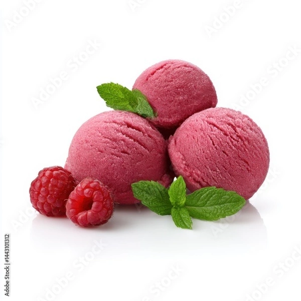 Fototapeta Raspberry ice cream scoops isolated on white background