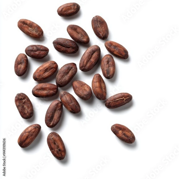 Fototapeta Cocoa beans scattered overhead isolated on white background