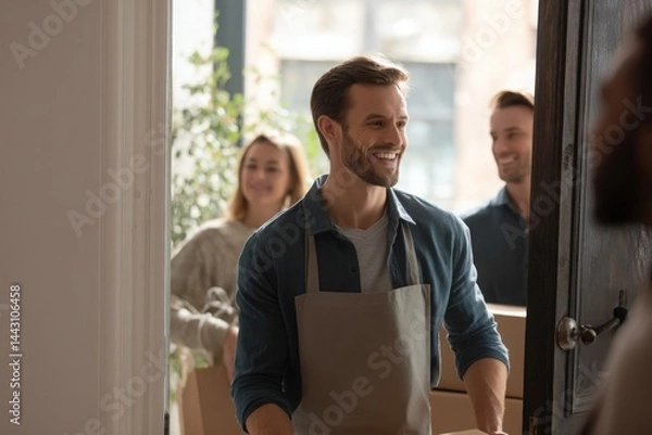 Fototapeta A man in casual attire and an apron carries a box, smiling broadly as he stands at the entrance of a home. Two individuals follow him, looking happy, ready to assist with the moving process.