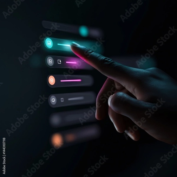 Fototapeta Finger interacting with luminous interface, enhancing user experience