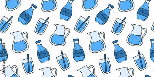 Obraz Seamless pattern with doodle water drinks in bottles, jugs, glasses. Daily hydration.
