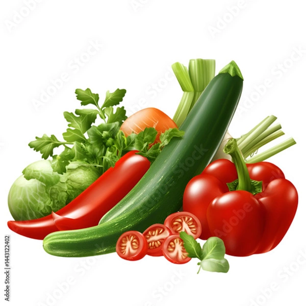 Fototapeta "Farm-Fresh Vegetables in Basket – High-Quality Image on White Background. 
 vegetable basket, healthy food on white, assorted vegetables in basket, organic farm produce, harvest basket image, fresh 
