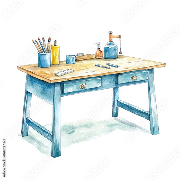 Fototapeta Isolated Workbench with Sketching Tools and Creative Supplies in a Bright and Clean Artistic Setting