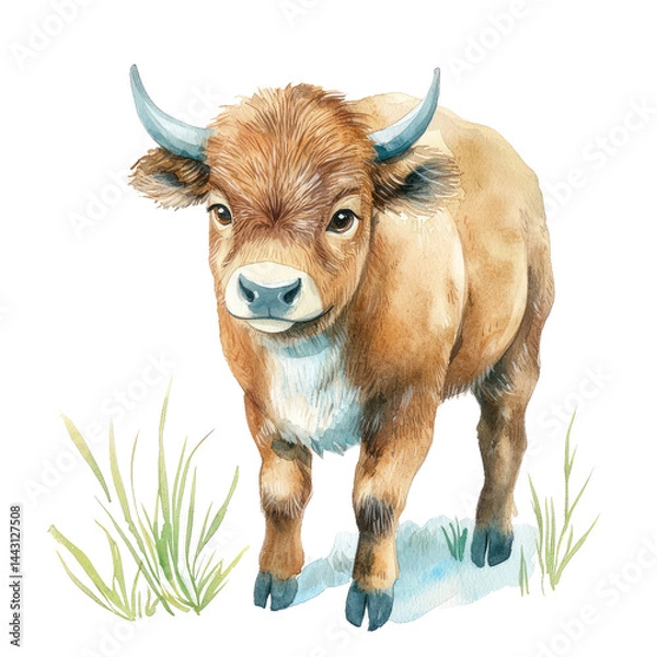 Fototapeta Isolated Young Yak Standing on Snowy Ground Surrounded by Green Grass with Transparent background