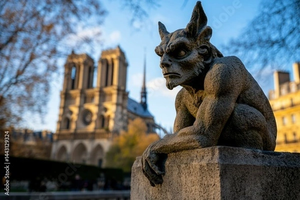 Fototapeta Gargoyle statue, Notre Dame cathedral backdrop
