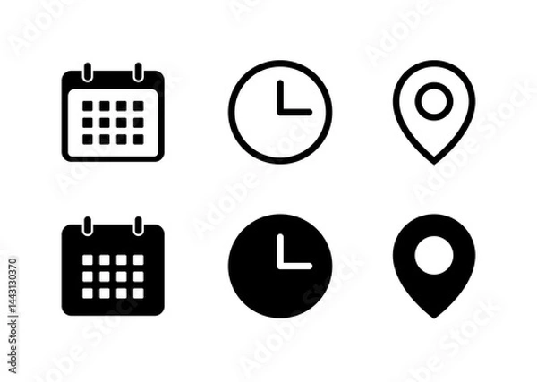 Fototapeta Calendar, date, time, clock, address, location line icons.