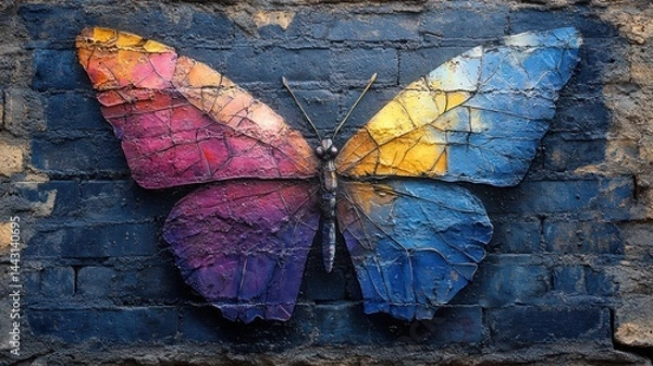 Fototapeta Colorful mosaic butterfly artwork on a dark brick wall.