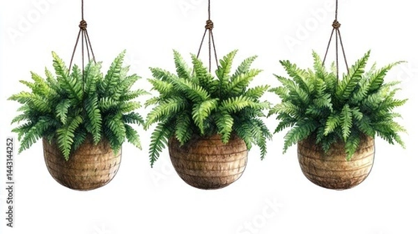 Obraz Three watercolor illustrations of hanging ferns in round brown pots.