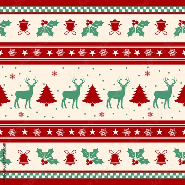 Fototapeta Christmas pattern design with holly leaves, bells, reindeer, pine trees, stars, and snowflakes in a retro red green and beige color scheme.